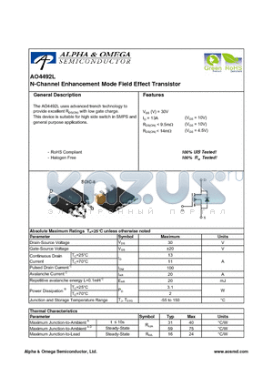 AO4492L datasheet - N-Channel Enhancement Mode Field Effect Transistor