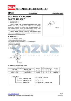 14N50G-TQ2-R datasheet - 14A, 500V N-CHANNEL POWER MOSFET