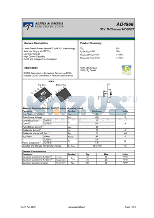 AO4566 datasheet - 30V N-Channel MOSFET