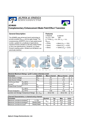 AO4600 datasheet - Complementary Enhancement Mode Field Effect Transistor