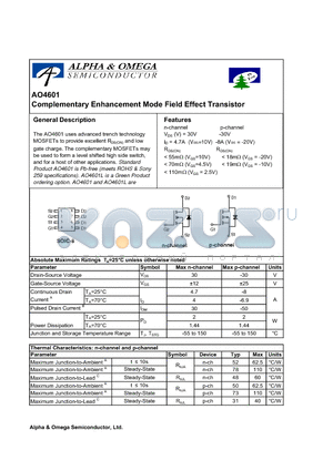AO4601 datasheet - Complementary Enhancement Mode Field Effect Transistor