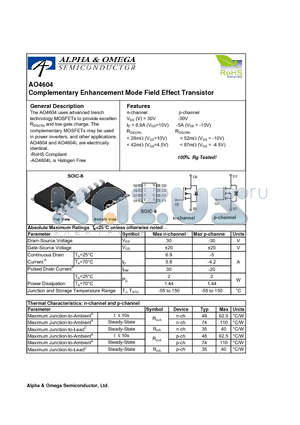 AO4604 datasheet - Complementary Enhancement Mode Field Effect Transistor