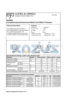 AO4604 datasheet - Complementary Enhancement Mode Field Effect Transistor