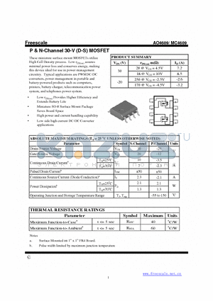 AO4609 datasheet - P & N-Channel 30-V (D-S) MOSFET High power and current handling capability