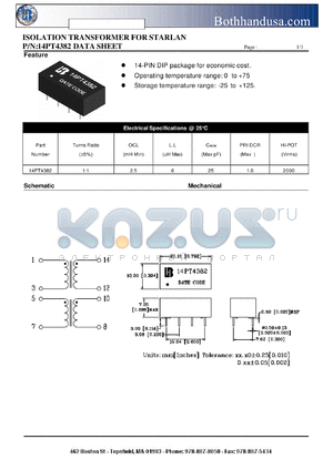 14PT4382 datasheet - ISOLATION TRANSFORMER FOR STARLAN