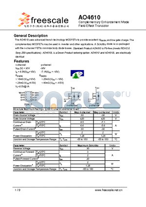 AO4610 datasheet - Complementary Enhancement Mode Field Effect Transistor