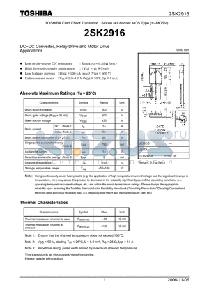 2SK2916 datasheet - Silicon N Channel MOS Type DC−DC Converter, Relay Drive and Motor Drive Applications