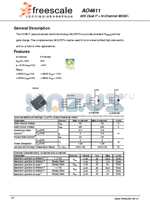AO4611 datasheet - 60V Dual P  N-Channel MOSFET