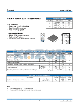 AO4611 datasheet - N & P-Channel 60-V (D-S) MOSFET Fast switching speed