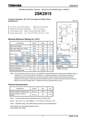 2SK2915 datasheet - Silicon N Channel MOS Type opper Regulator, DC−DC Converter and Motor Drive Applications