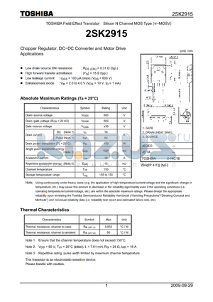 2SK2915 datasheet - Chopper Regulator, DC−DC Converter and Motor Drive Applications