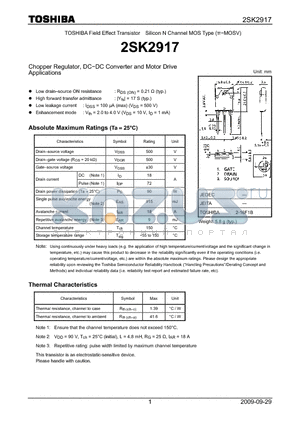 2SK2917 datasheet - Chopper Regulator, DC−DC Converter and Motor Drive Applications