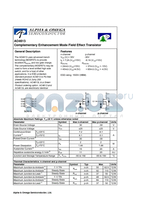 AO4613 datasheet - Complementary Enhancement Mode Field Effect Transistor