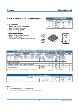 AO4614A datasheet - N & P-Channel 40-V (D-S) MOSFET Fast switching speed