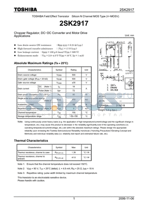 2SK2917 datasheet - Silicon N Channel MOS Type Chopper Regulator, DC−DC Converter and Motor Drive Applications