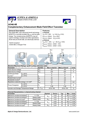 AO4614BL datasheet - Complementary Enhancement Mode Field Effect Transistor