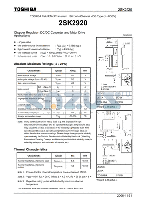 2SK2920 datasheet - Silicon N-Channel MOS Type Chopper Regulator, DC/DC Converter and Motor Drive Applications