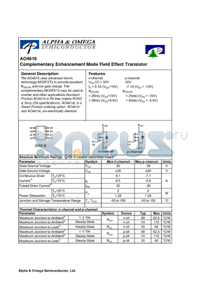 AO4616 datasheet - Complementary Enhancement Mode Field Effect Transistor