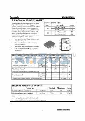 AO4622 datasheet - P & N-Channel 30-V (D-S) MOSFET High power and current handling capability