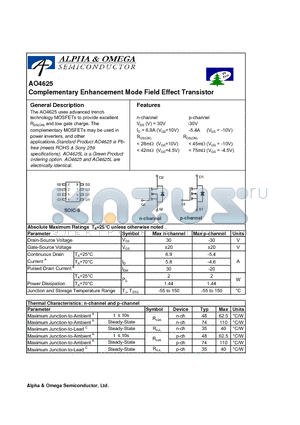 AO4625 datasheet - Complementary Enhancement Mode Field Effect Transistor