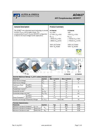 AO4627 datasheet - 30V Complementary MOSFET