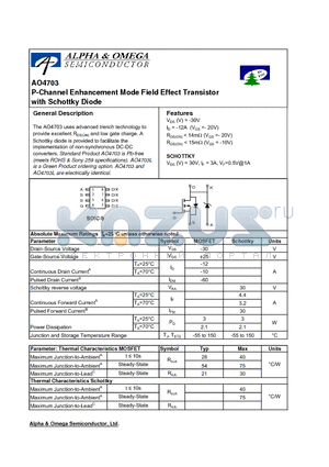 AO4703 datasheet - P-Channel Enhancement Mode Field Effect Transistor with Schottky Diode