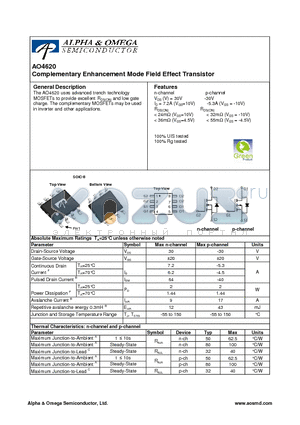 AO4620 datasheet - Complementary Enhancement Mode Field Effect Transistor