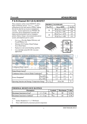 AO4620 datasheet - P & N-Channel 30-V (D-S) MOSFET High power and current handling capability