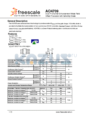 AO4709 datasheet - Dual P-Channel Enhancement Mode Field Effect Transistor with Schottky Diode