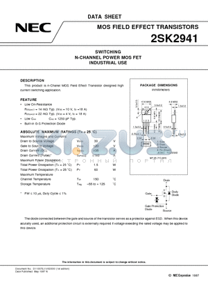 2SK2941 datasheet - SWITCHING N-CHANNEL POWER MOS FET INDUSTRIAL USE