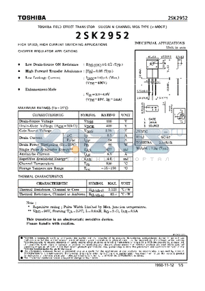 2SK2952 datasheet - N CHANNEL MOS TYPE (HIGH SPEED, HIGH CURRENT SWITCHING, CHOPPER REGULATOR APPLICATIONS)