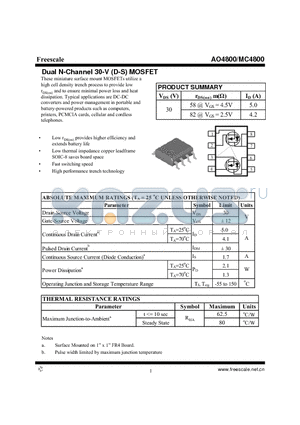 AO4800 datasheet - Dual N-Channel 30-V (D-S) MOSFET High performance trench technology