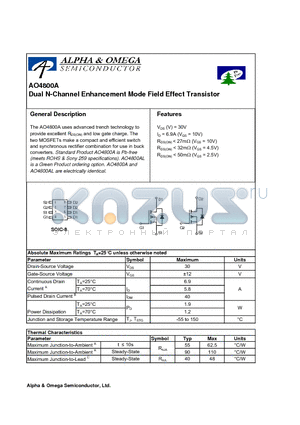 AO4800AL datasheet - Dual N-Channel Enhancement Mode Field Effect Transistor