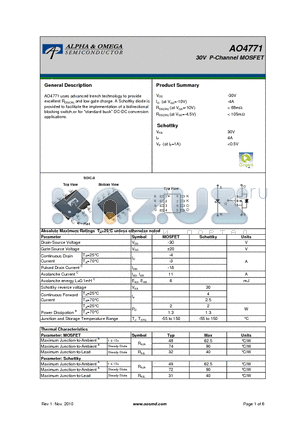 AO4771 datasheet - 30V P-Channel MOSFET