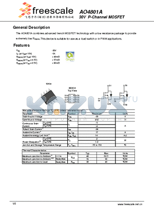 AO4801A datasheet - 30V P-Channel MOSFET