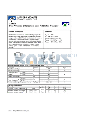 AO4801L datasheet - Dual P-Channel Enhancement Mode Field Effect Transistor