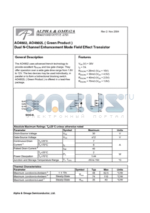 AO4802 datasheet - Dual N-Channel Enhancement Mode Field Effect Transistor