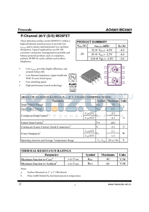 AO4801 datasheet - P-Channel 20-V (D-S) MOSFET High performance trench technology
