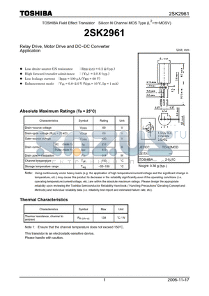 2SK2961_06 datasheet - Silicon N Channel MOS Type Relay Drive, Motor Drive and DC−DC Converter Application