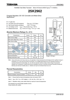 2SK2962 datasheet - Chopper Regulator, DC−DC Converter and Motor Drive Applications