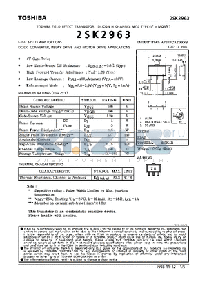 2SK2963 datasheet - N CHANNEL MOS TYPE (HIGH SPEED, DC-DC CONVERTER, RELAY DRIVE AND MOTOR DRIVE APPLICATIONS)