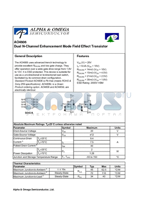 AO4806L datasheet - Dual N-Channel Enhancement Mode Field Effect Transistor