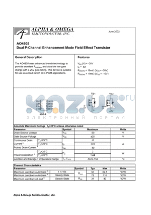 AO4805 datasheet - Dual P-Channel Enhancement Mode Field Effect Transistor