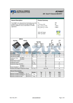 AO4807 datasheet - 30V Dual P-Channel MOSFET