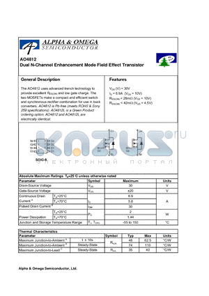 AO4812L datasheet - Dual N-Channel Enhancement Mode Field Effect Transistor