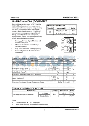AO4812 datasheet - Dual N-Channel 30-V (D-S) MOSFET High power and current handling capability