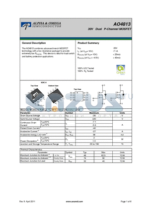 AO4813_11 datasheet - 30V Dual P-Channel MOSFET