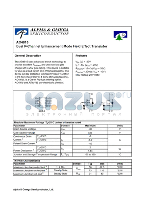 AO4815 datasheet - Dual P-Channel Enhancement Mode Field Effect Transistor