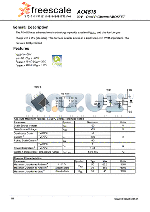 AO4815 datasheet - 30V Dual P-Channel MOSFET