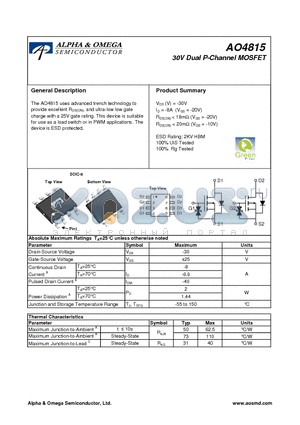 AO4815_10 datasheet - 30V Dual P-Channel MOSFET